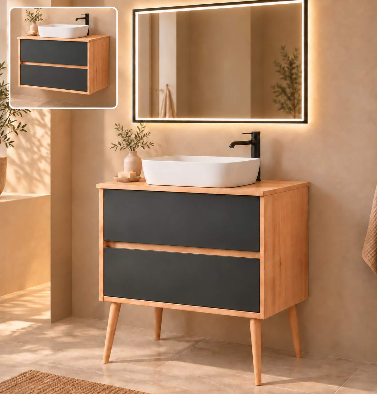 Kibath Mueble de baño con Lavabo, Espejo y Aplique LED, mod. NORUEGA 80×45 cm acabado Roble Y Grafito mate 2 cajones suspendido