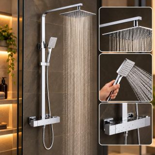 Kibath Columna De Ducha termostático cuadrada 80-120 cm acabado cromo brillo fabricado en latón