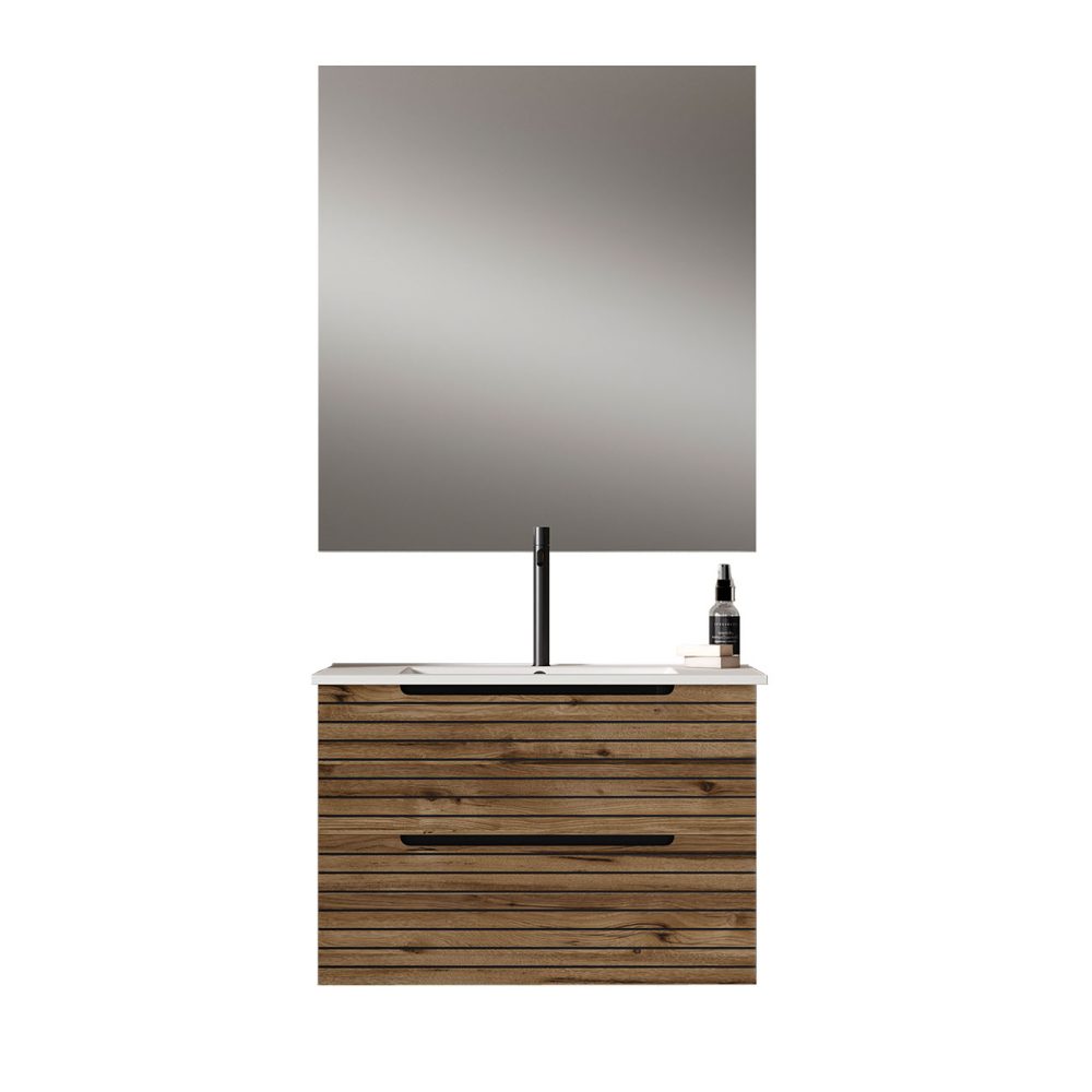 Kibath Mueble de baño con Lavabo, Espejo y Aplique LED KEN 60x45 cm acabado Desierto mate 2 cajones suspendido
