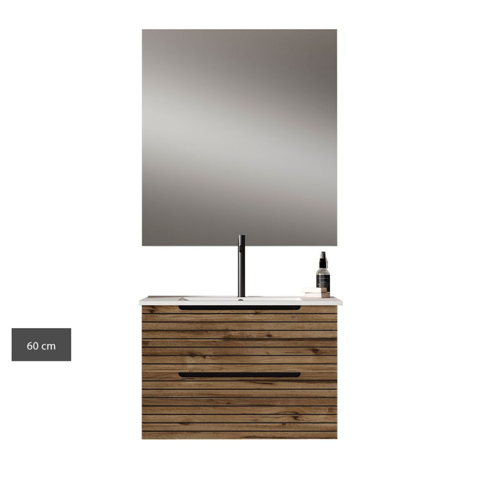 Kibath Mueble de baño con Lavabo, Espejo y Aplique LED KEN acabado Desierto mate 2 cajones suspendido - Imagen 10