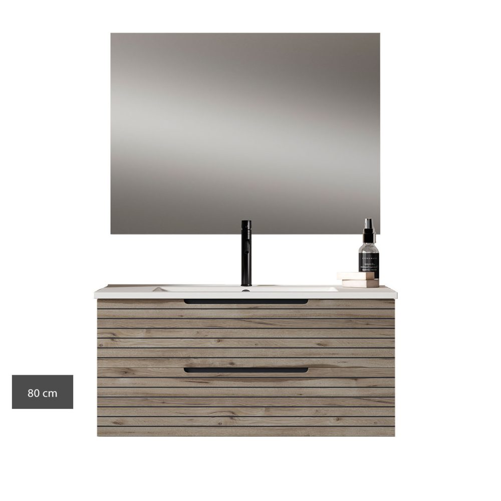 Kibath Mueble de baño con Lavabo, Espejo y Aplique LED KEN acabado Desierto mate 2 cajones suspendido - Imagen 11
