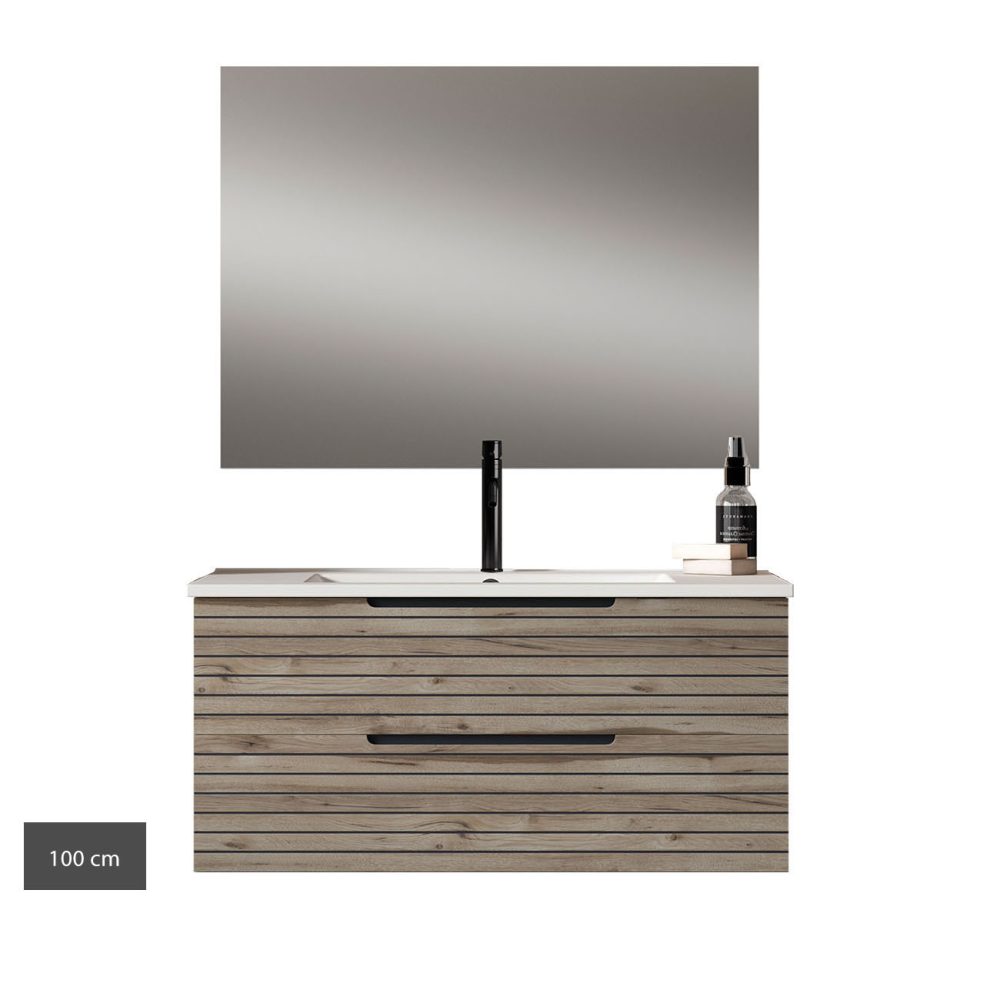 Kibath Mueble de baño con Lavabo, Espejo y Aplique LED KEN acabado Desierto mate 2 cajones suspendido - Imagen 12
