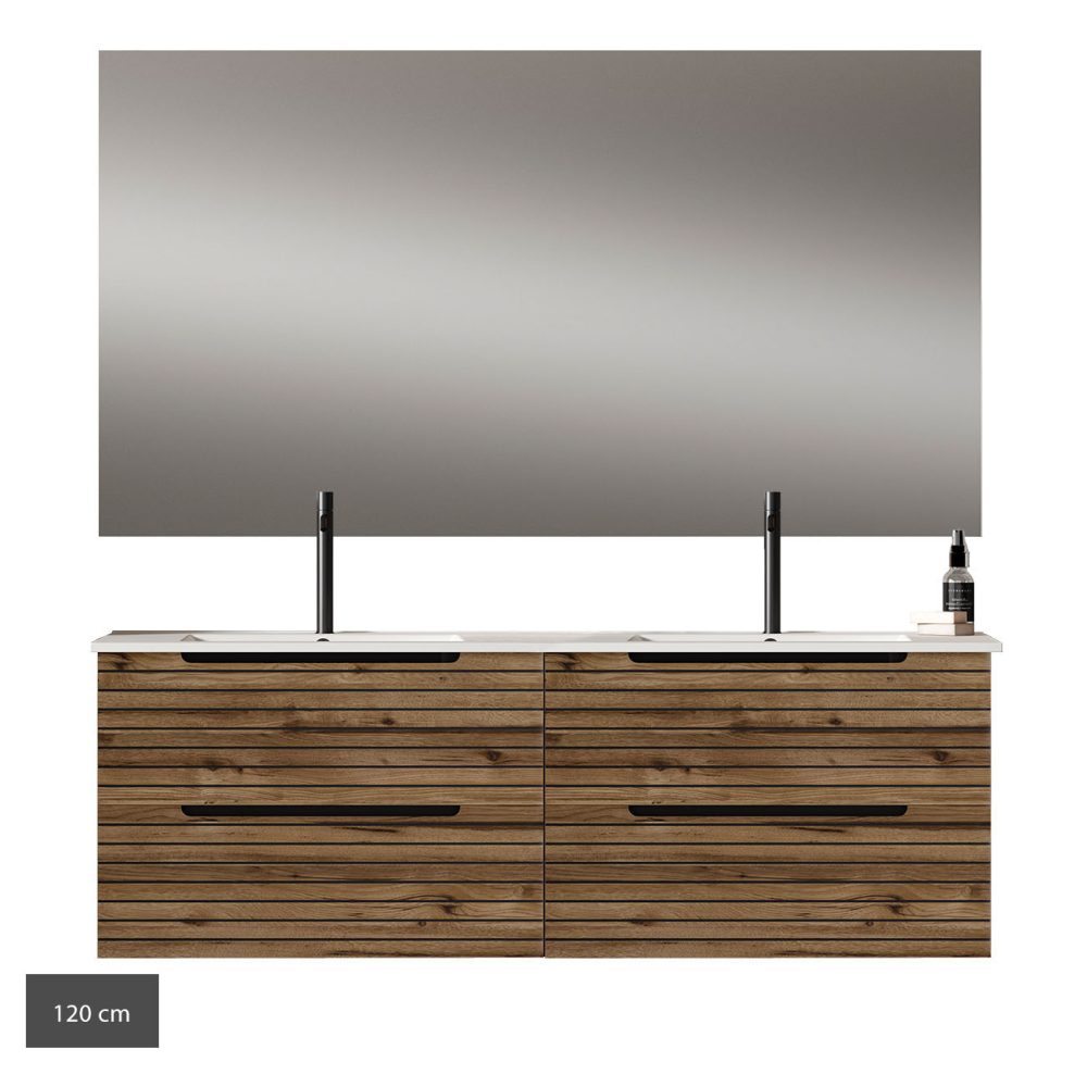 Kibath Mueble de baño con Lavabo, Espejo y Aplique LED KEN acabado Desierto mate 2 cajones suspendido - Imagen 13