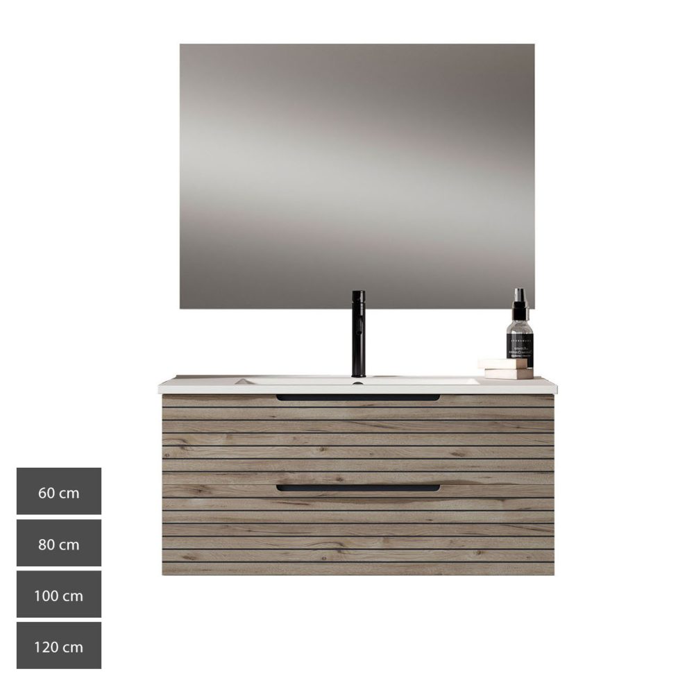 Kibath Mueble de baño con Lavabo, Espejo y Aplique LED KEN acabado Desierto mate 2 cajones suspendido