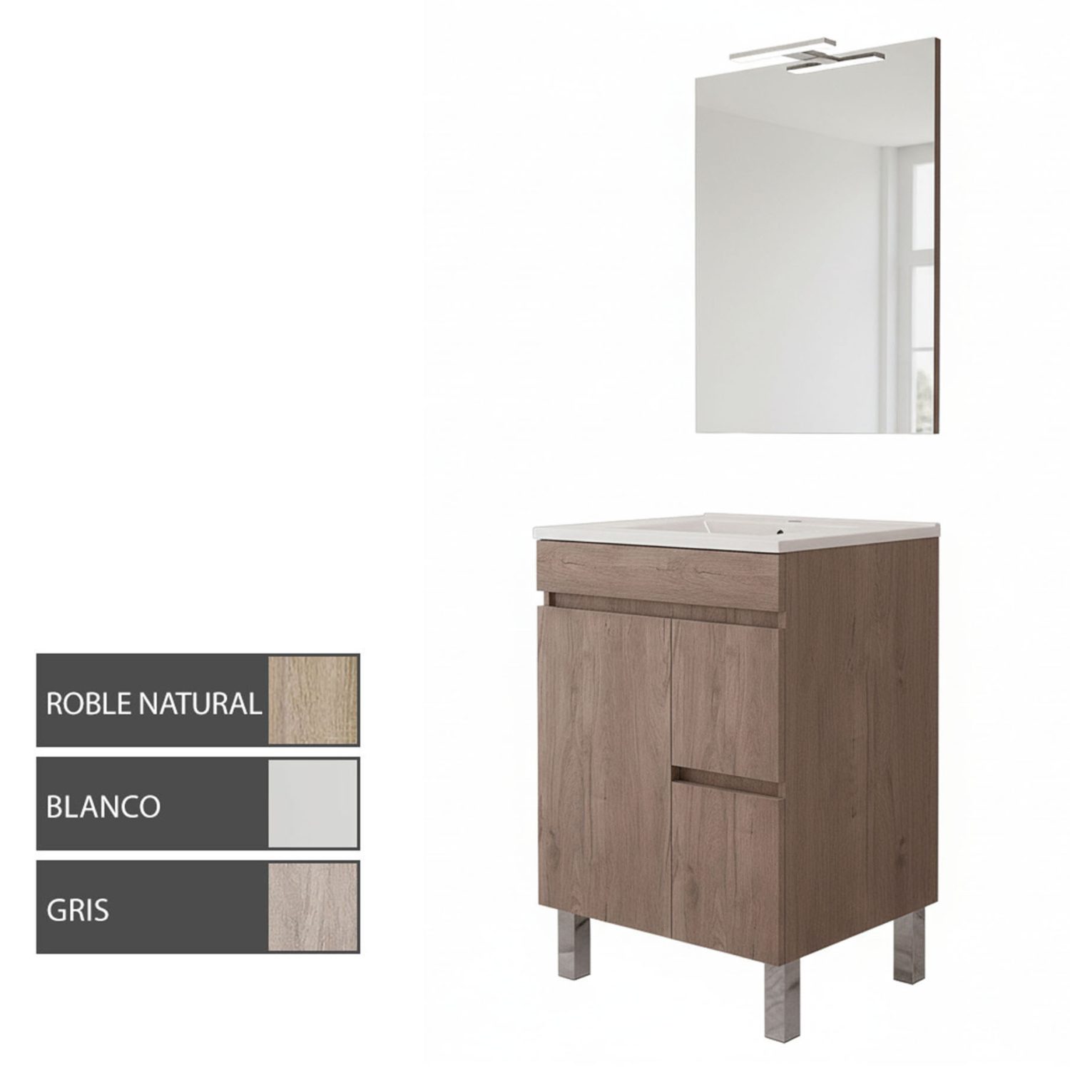 Kibath Conjunto de Mueble de Baño 60 cm URBAN 2 cajones y puerta con patas