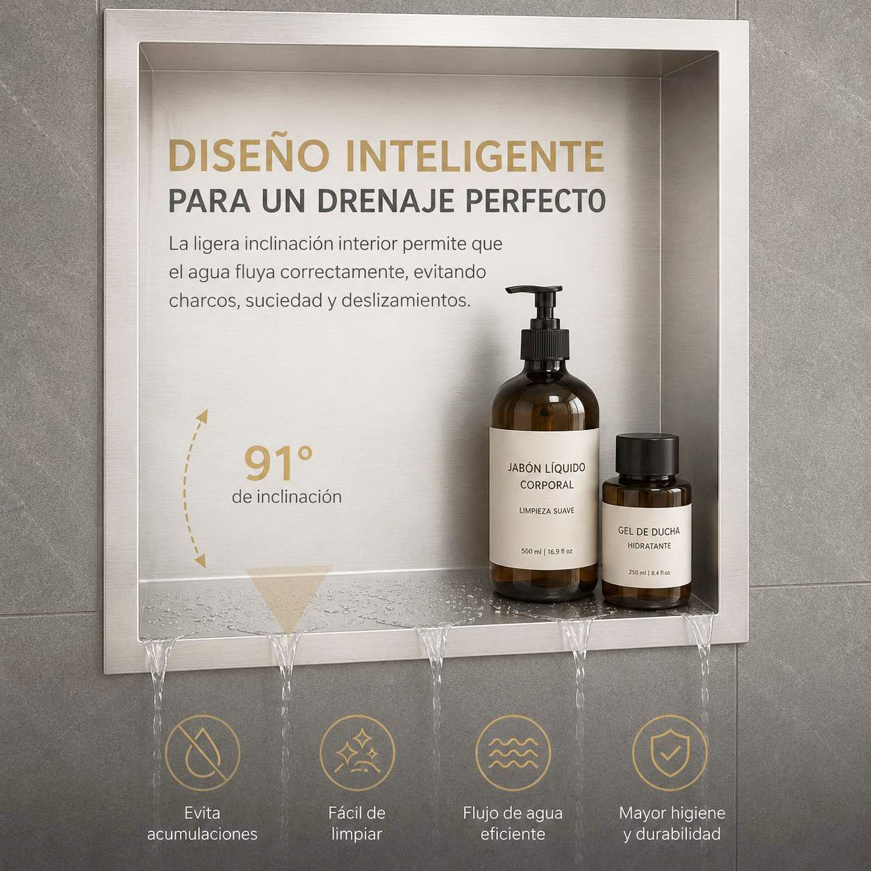 Kibath Nicho de Ducha de Acero Inoxidable, Hornacina estante de baño empotrado. 60x30x90cm en - Imagen 9