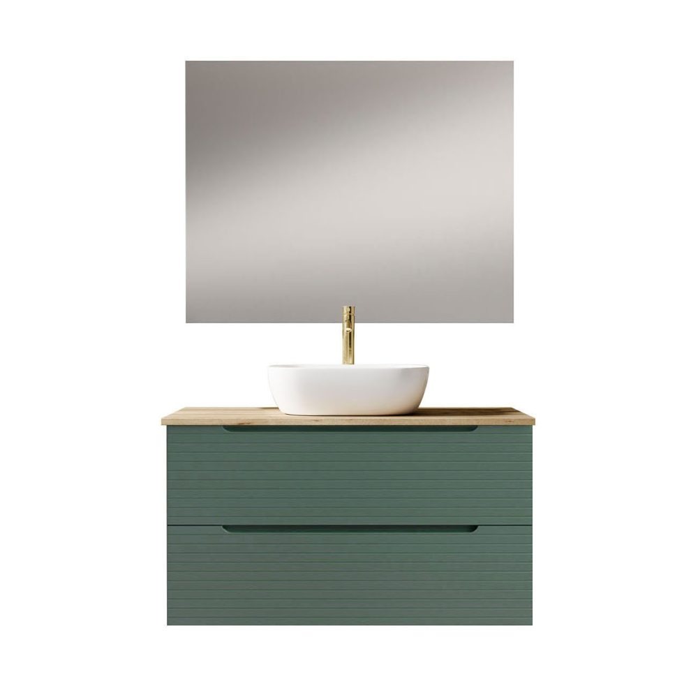Kibath Mueble de baño con Lavabo, Espejo y Aplique LED BOREAL 100x45 cm acabado Verde Lago mate 2 cajones suspendido
