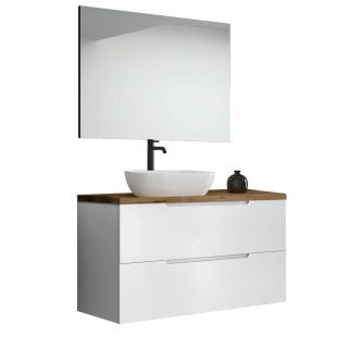 Kibath Mueble de baño con Lavabo, Espejo y Aplique LED VICTORIA 80x45 cm acabado Blanco mate 2 cajones suspendido