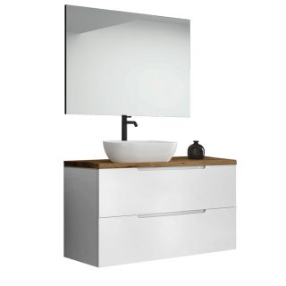 Kibath Mueble de baño con Lavabo, Espejo y Aplique LED VICTORIA 100x45 cm acabado Blanco mate 2 cajones suspendido