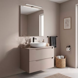 Kibath Mueble de baño con Lavabo, Espejo y Aplique LED VICTORIA 60x45 cm acabado Moka mate 2 cajones suspendido