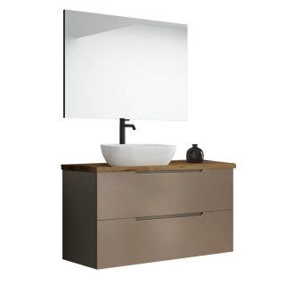 Kibath Mueble de baño con Lavabo, Espejo y Aplique LED VICTORIA 80x45 cm acabado Moka mate 2 cajones suspendido