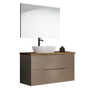 Kibath Mueble de baño con Lavabo, Espejo y Aplique LED VICTORIA 100x45 cm acabado Moka mate 2 cajones suspendido