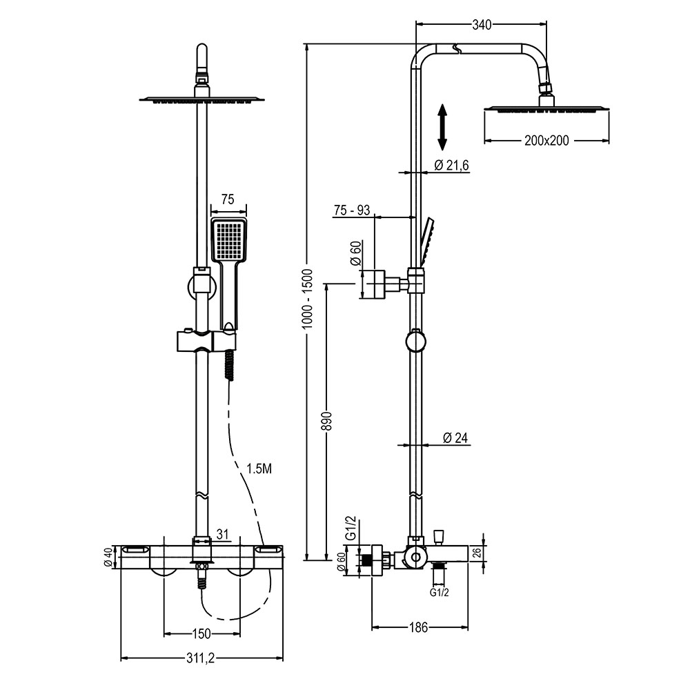 Kibath Columna De Ducha termostático 100-150 cm GAS extralarga acabado cromo brillo fabricado en latón - Imagen 9