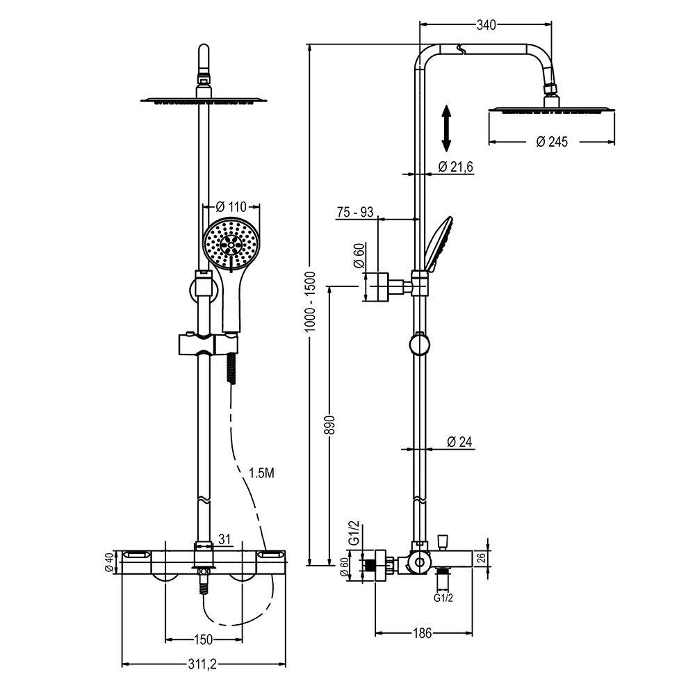 Kibath Columna De Ducha termostático 100-150 cm GAS extralarga acabado cromo brillo fabricado en latón - Imagen 3