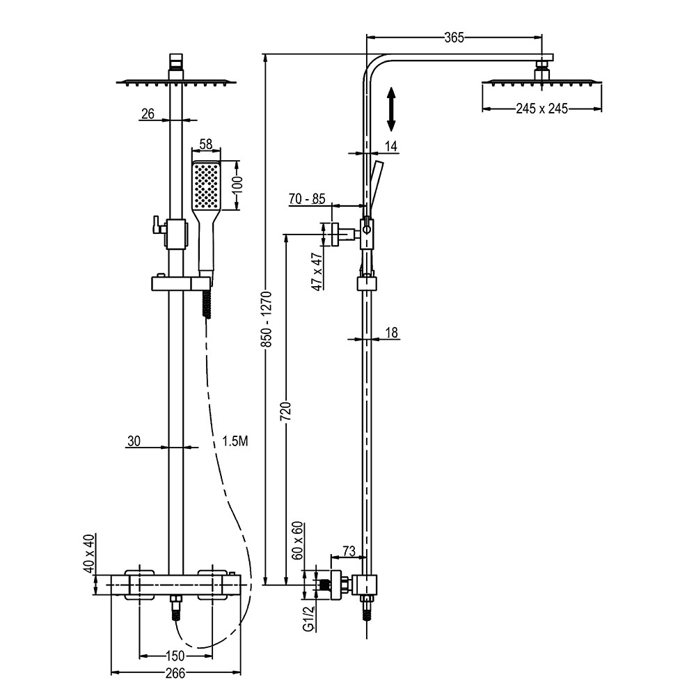 Kibath Columna De Ducha termostático cuadrada 85-127 cm acabado cromo brillo fabricado en latón - Imagen 5