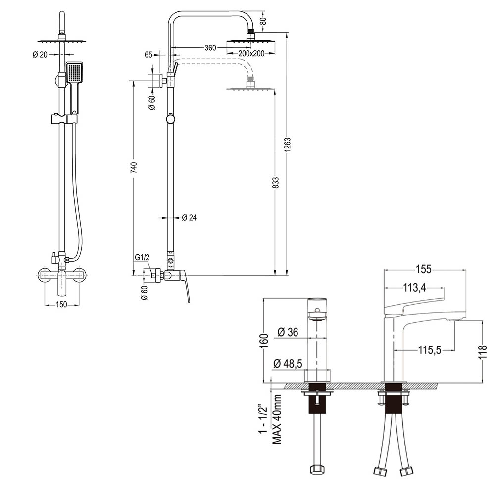 Kibath Pack monomando UGO columna y grifo acabado cromo brillo fabricado en latón - Imagen 5