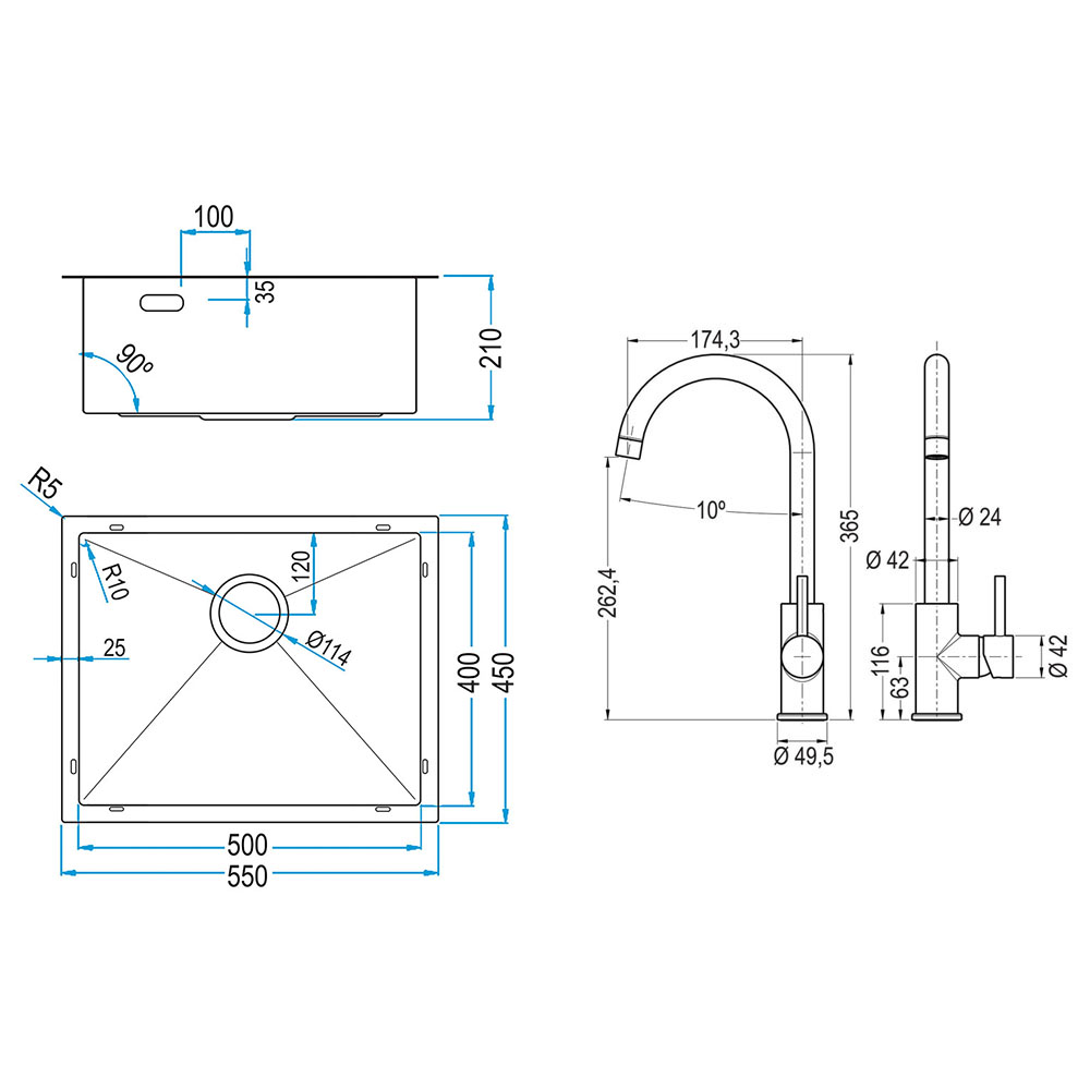 Kibath Pack Grifo VERONA + Fregadero SOLUT 54x44 cm acabado cepillado de acero inoxidable - Imagen 5