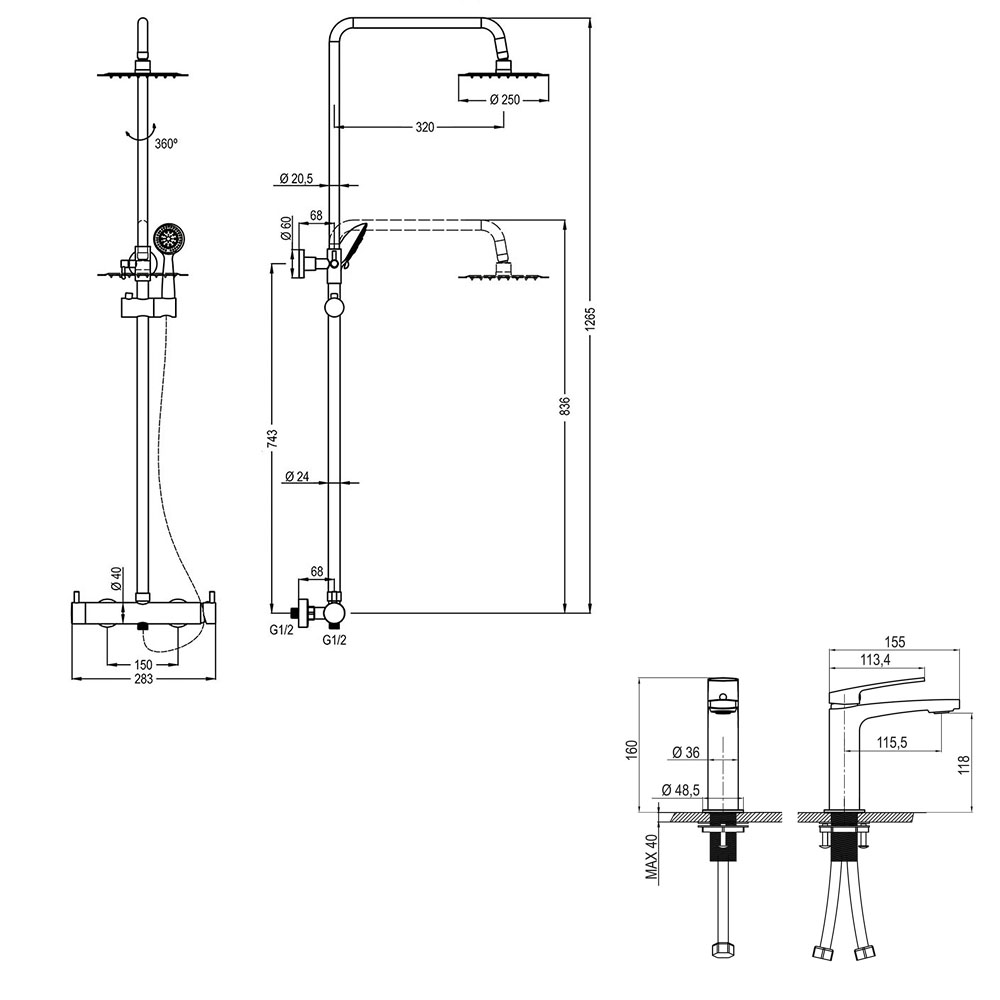 Kibath Pack monomando DAK columna y grifo acabado negro mate fabricado en latón - Imagen 5