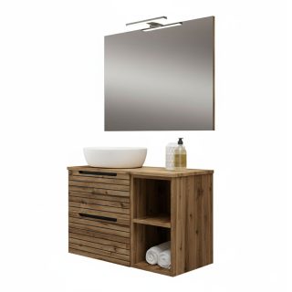Kibath Mueble de baño con Lavabo, Espejo y Aplique LED KEN acabado Desierto mate 2 cajones suspendido
