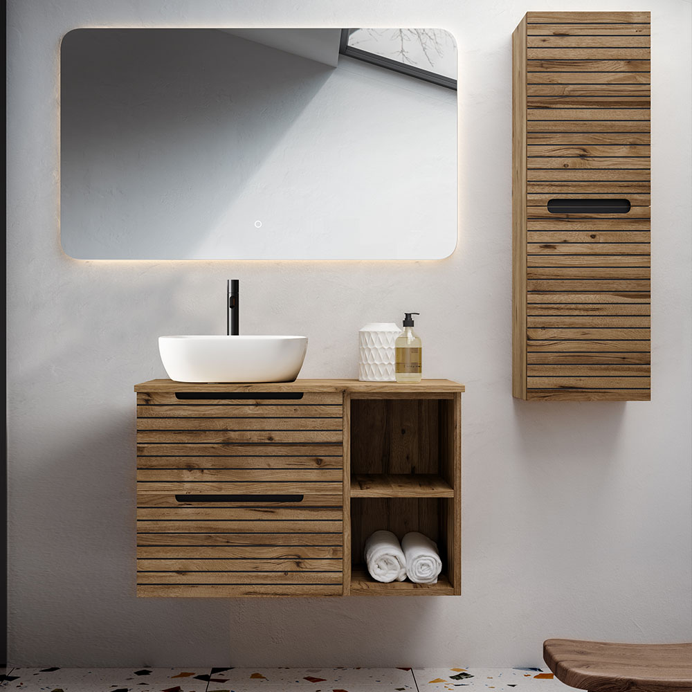 Kibath Mueble de baño con Lavabo, Espejo y Aplique LED KEN acabado Desierto mate 2 cajones suspendido - Imagen 2