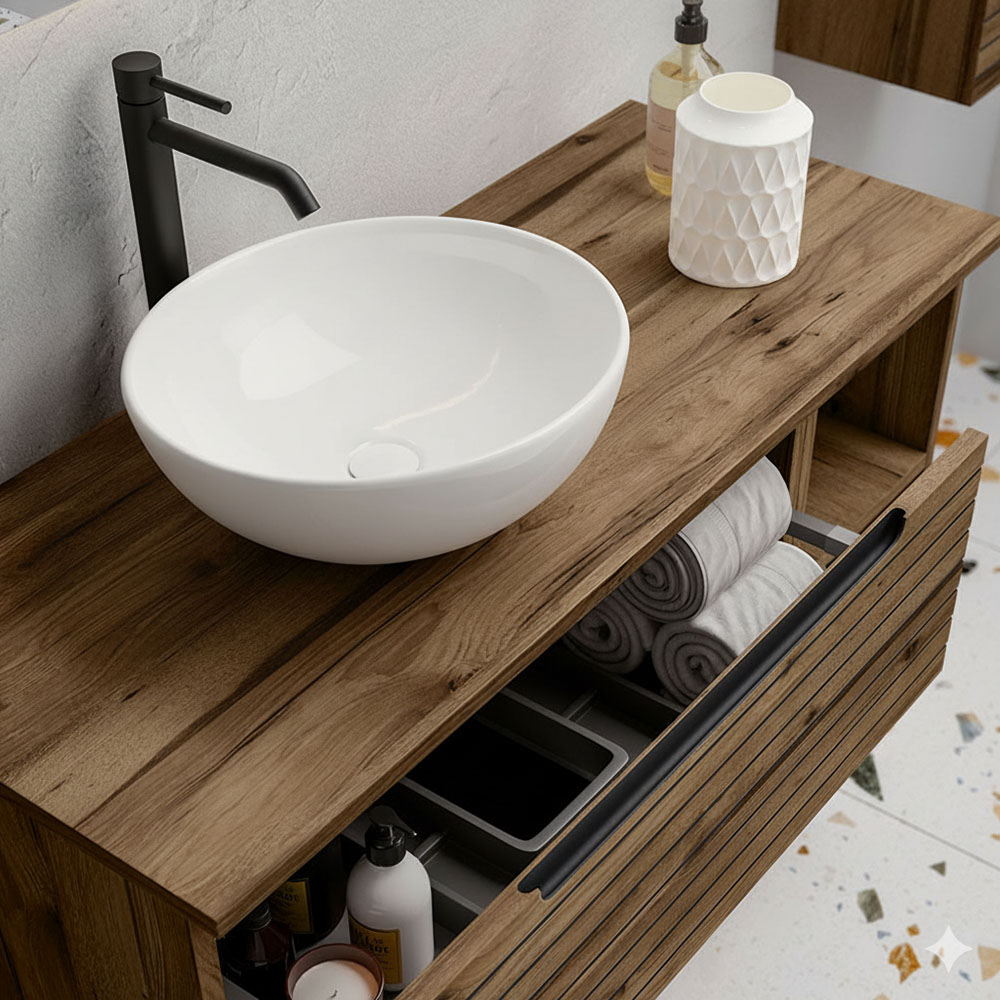 Kibath Mueble de baño con Lavabo, Espejo y Aplique LED KEN acabado Desierto mate 2 cajones suspendido - Imagen 3