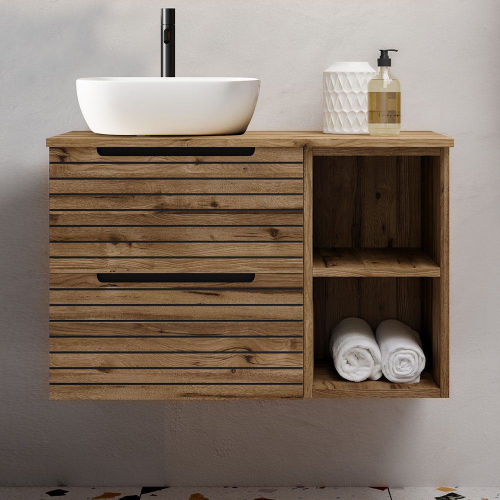 Kibath Mueble de baño con Lavabo, Espejo y Aplique LED KEN acabado Desierto mate 2 cajones suspendido - Imagen 4