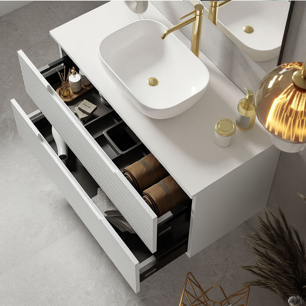 Kibath Mueble de baño con Lavabo BOREAL 100x45 cm acabado Blanco mate 2 cajones suspendido - Imagen 2