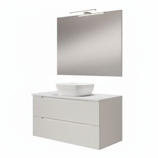 Kibath Mueble de baño con Lavabo, Espejo y Aplique LED BOREAL 100x45 cm acabado Blanco mate 2 cajones suspendido
