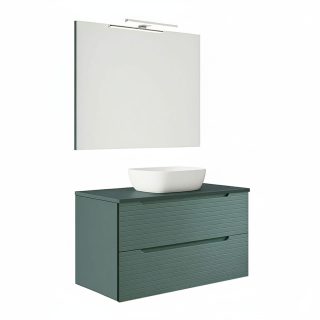 Kibath Mueble de baño con Lavabo, Espejo y Aplique LED BOREAL 100x45 cm acabado Verde Lago mate 2 cajones suspendido