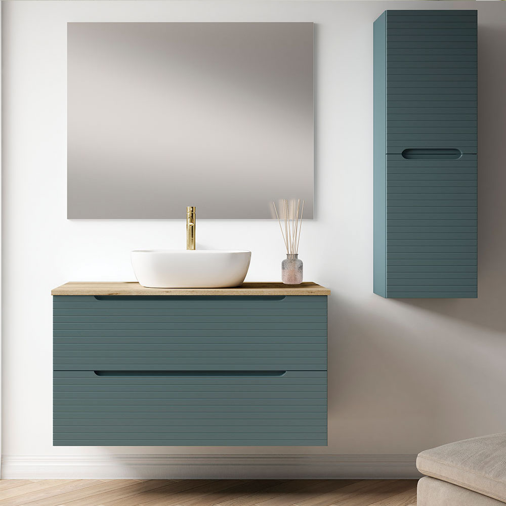 Kibath Mueble de baño con Lavabo, Espejo y Aplique LED BOREAL 60x45 cm acabado Azul Oceano mate 2 cajones suspendido - Imagen 2