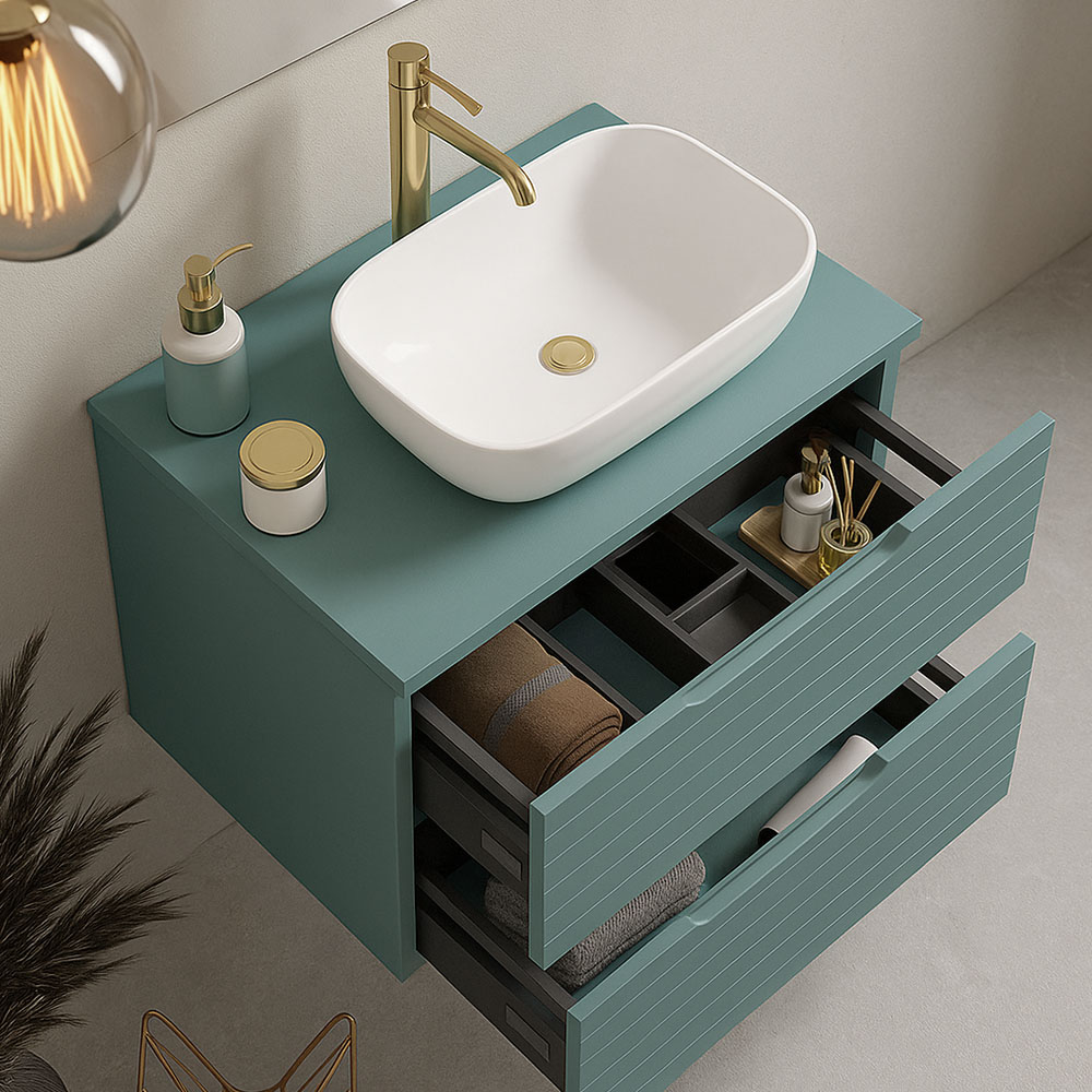 Kibath Mueble de baño con Lavabo, Espejo y Aplique LED BOREAL 60x45 cm acabado Azul Oceano mate 2 cajones suspendido - Imagen 3