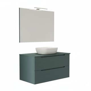 Kibath Mueble de baño con Lavabo, Espejo y Aplique LED BOREAL 100x45 cm acabado Azul Oceano mate 2 cajones suspendido