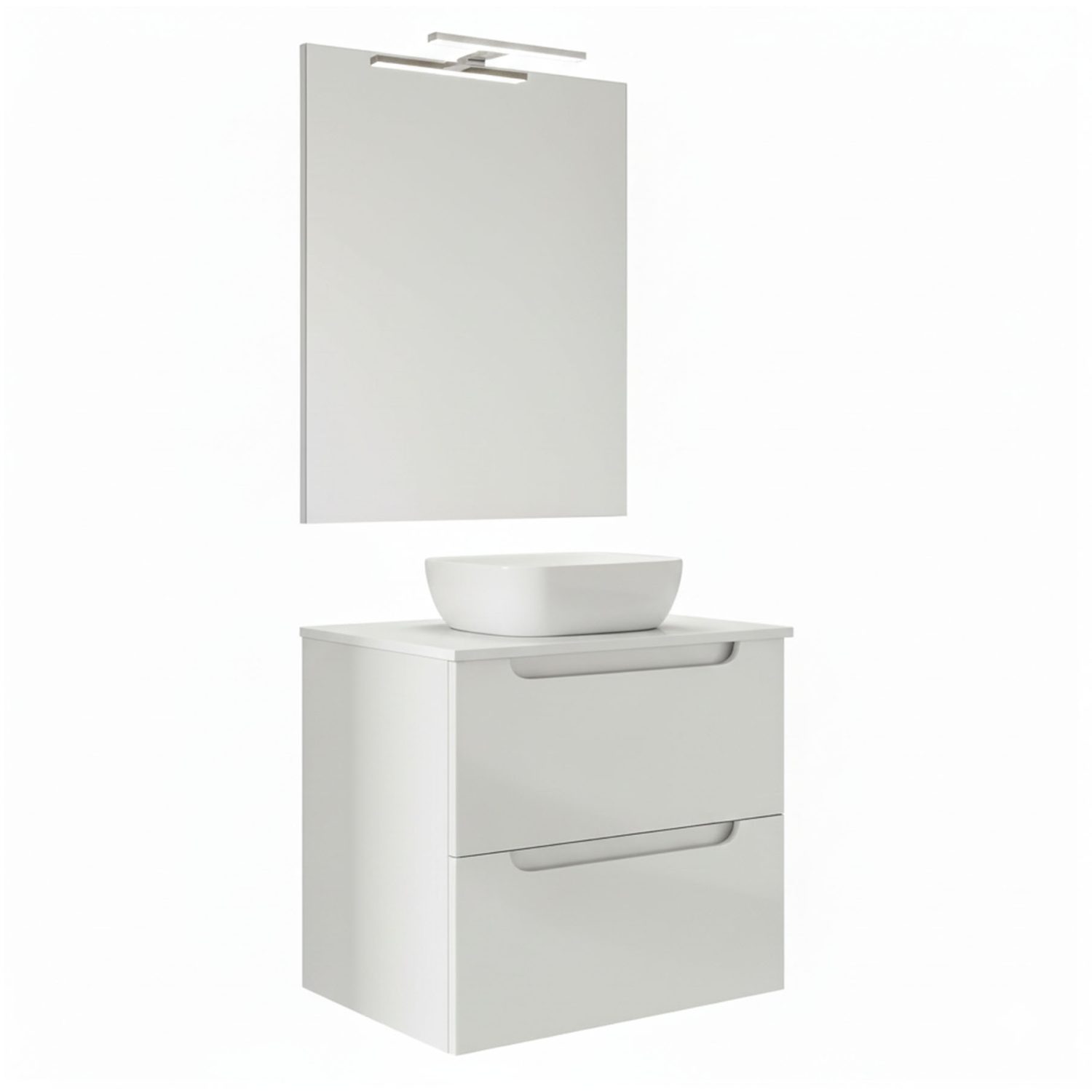 Kibath Mueble de baño con Lavabo, Espejo y Aplique LED VICTORIA 60×45 cm acabado Blanco mate 2 cajones suspendido