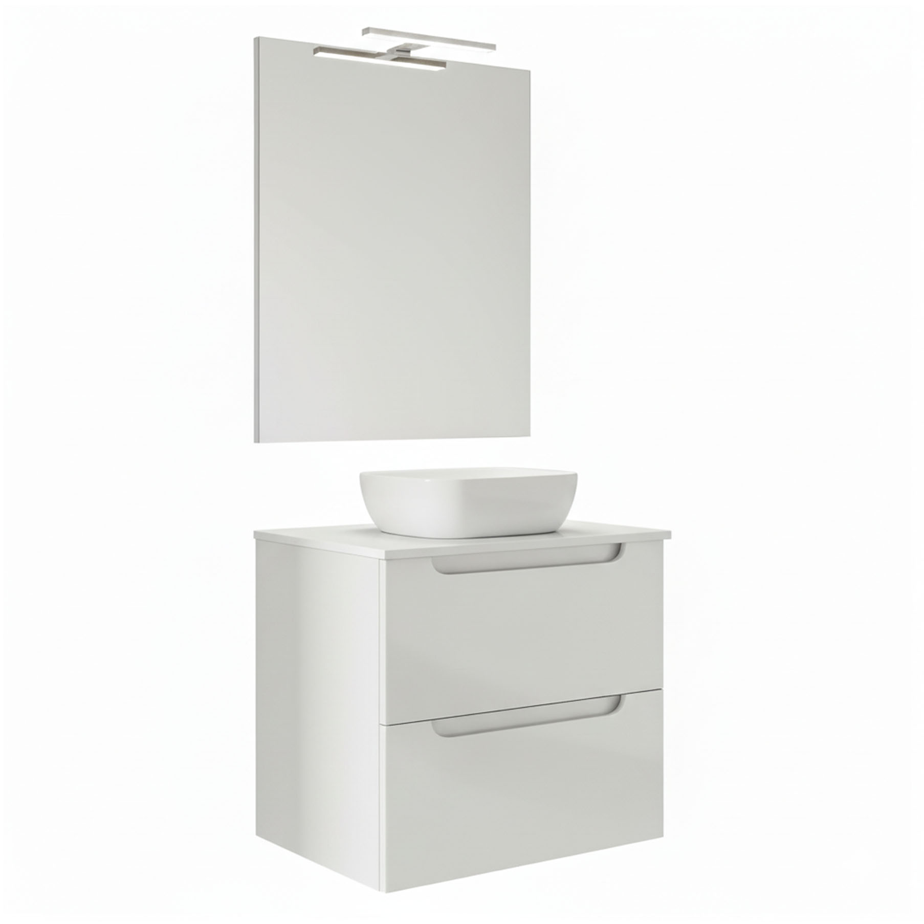 Kibath Mueble de baño con Lavabo, Espejo y Aplique LED VICTORIA 60x45 cm acabado Blanco mate 2 cajones suspendido