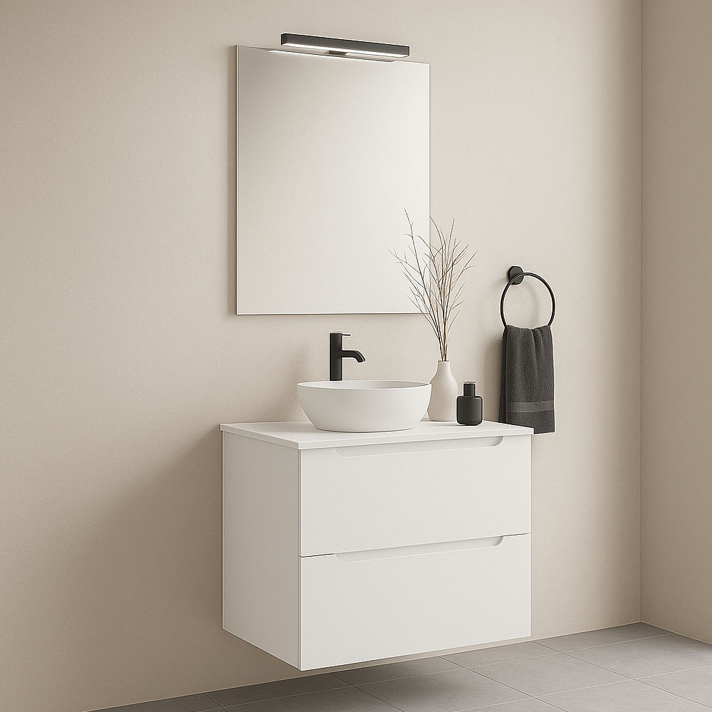 Kibath Mueble de baño con Lavabo, Espejo y Aplique LED VICTORIA 60x45 cm acabado Blanco mate 2 cajones suspendido - Imagen 2