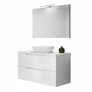 Kibath Mueble de baño con Lavabo, Espejo y Aplique LED VICTORIA 80x45 cm acabado Blanco mate 2 cajones suspendido