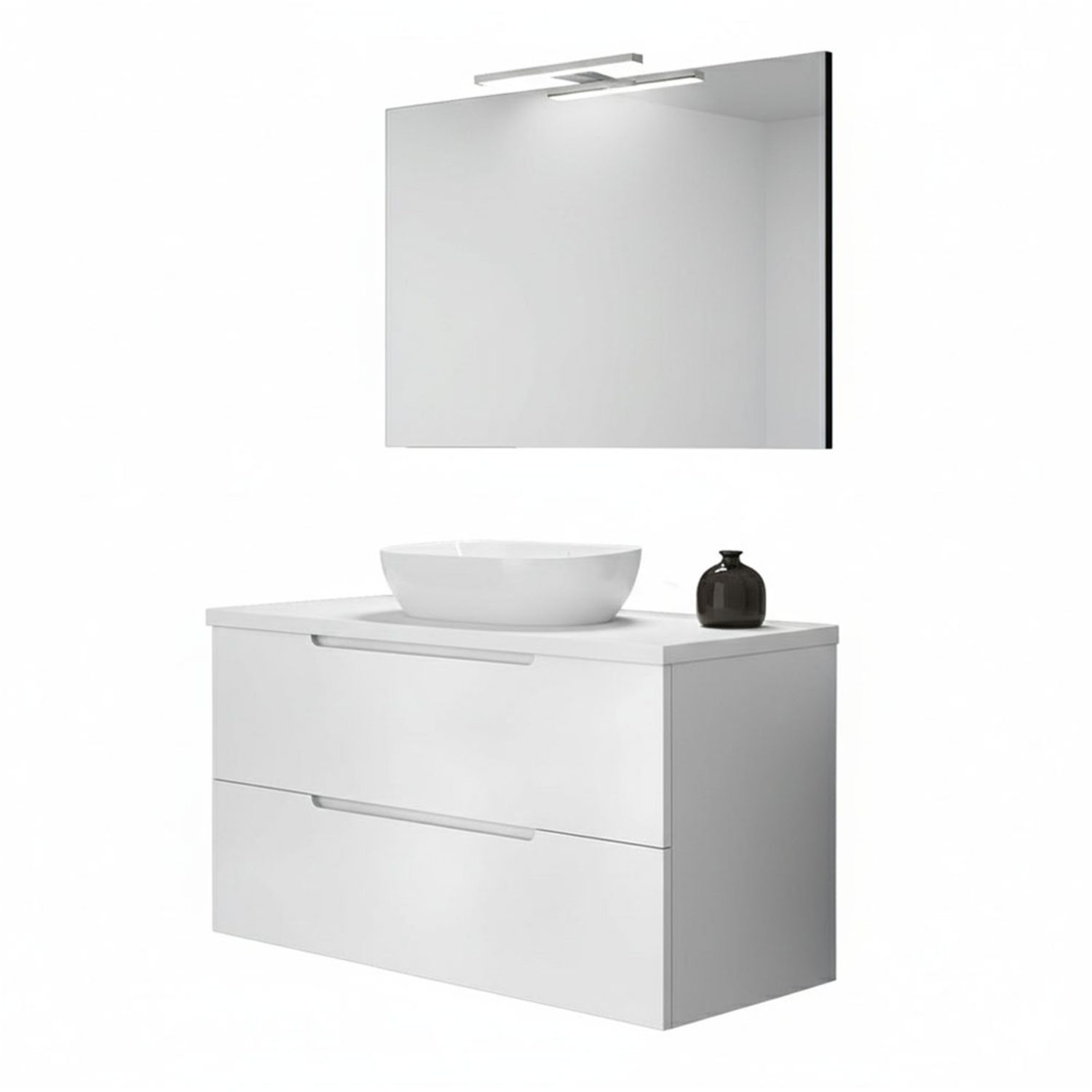Kibath Mueble de baño con Lavabo, Espejo y Aplique LED VICTORIA 100×45 cm acabado Blanco mate 2 cajones suspendido