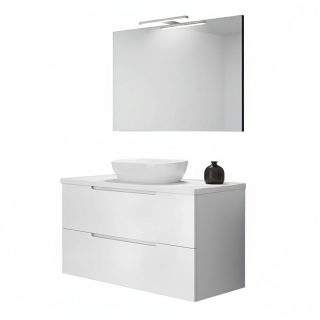 Kibath Mueble de baño con Lavabo, Espejo y Aplique LED VICTORIA 100x45 cm acabado Blanco mate 2 cajones suspendido