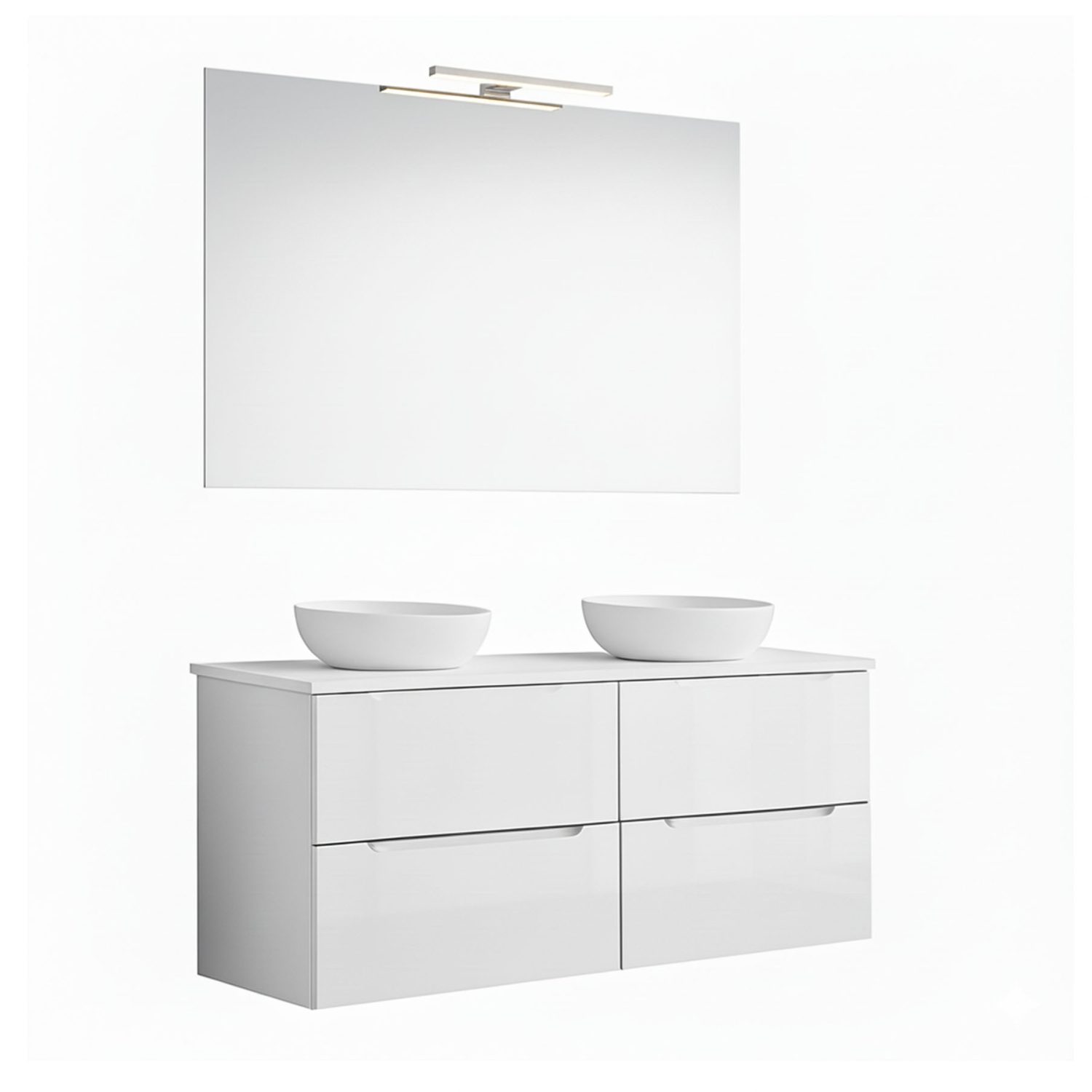 Kibath Mueble de baño con Lavabo, Espejo y Aplique LED VICTORIA 120×45 cm acabado Blanco mate 2 cajones suspendido