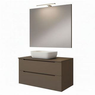 Kibath Mueble de baño con Lavabo, Espejo y Aplique LED VICTORIA 80x45 cm acabado Moka mate 2 cajones suspendido