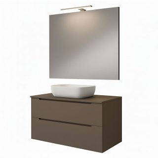 Kibath Mueble de baño con Lavabo, Espejo y Aplique LED VICTORIA 100x45 cm acabado Moka mate 2 cajones suspendido