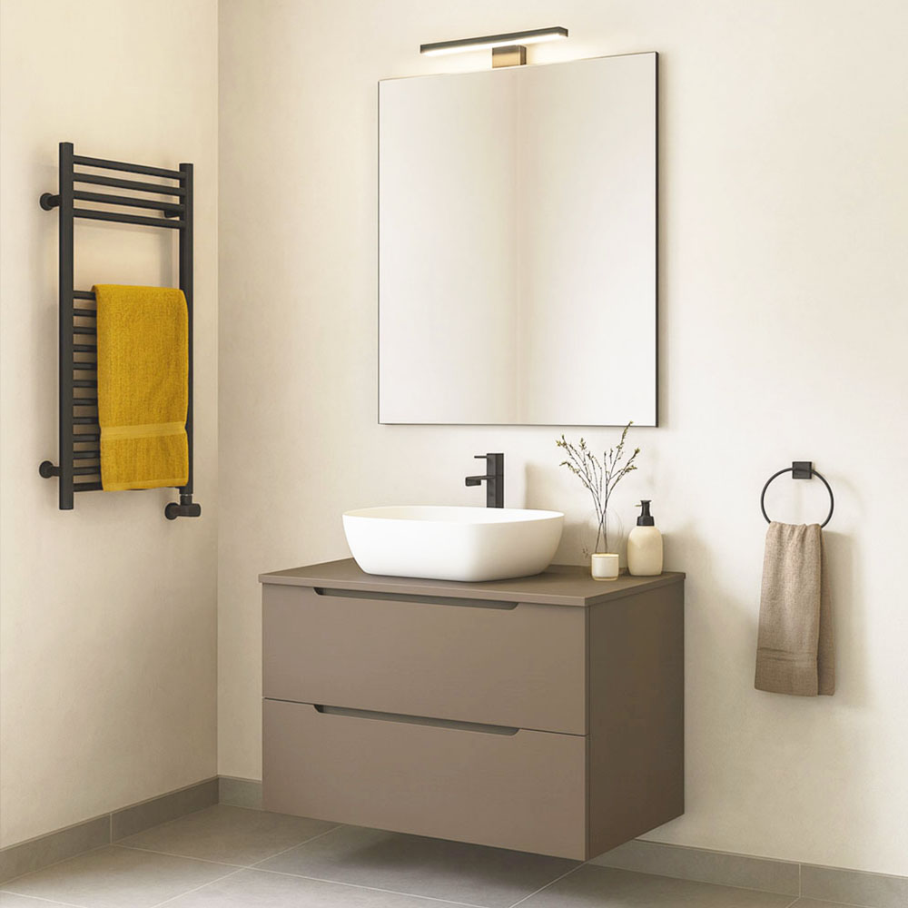 Kibath Mueble de baño con Lavabo, Espejo y Aplique LED VICTORIA 100x45 cm acabado Moka mate 2 cajones suspendido - Imagen 2