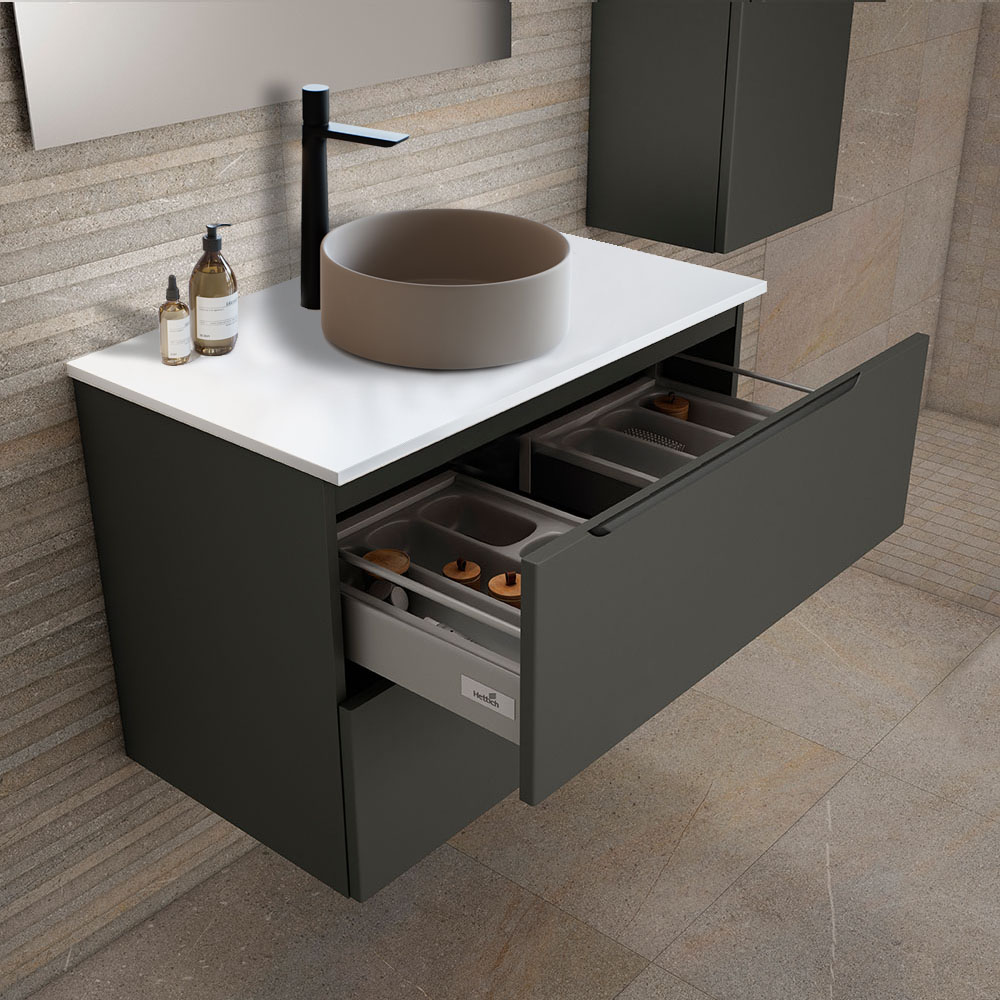 Kibath Mueble de baño con Lavabo, Espejo y Aplique LED VICTORIA 80x45 cm acabado Grafito mate 2 cajones suspendido - Imagen 3