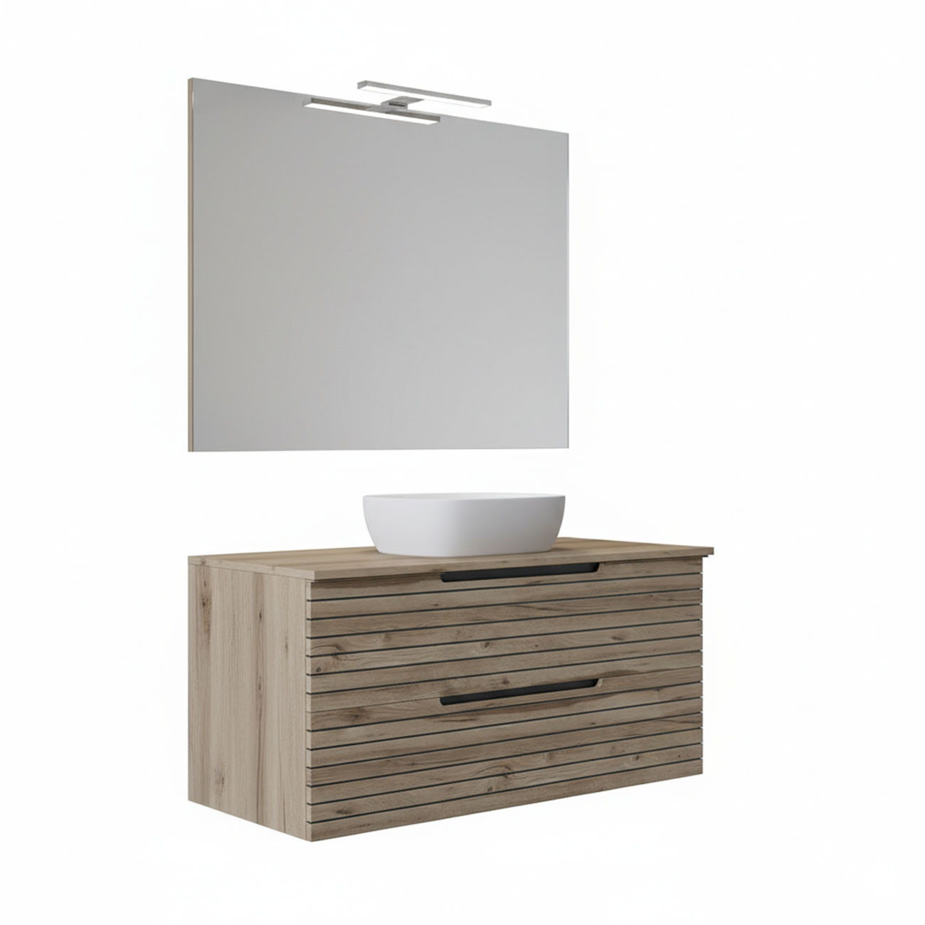 Kibath Mueble de baño con Lavabo, Espejo y Aplique LED KEN 80x45 cm acabado Desierto mate 2 cajones suspendido