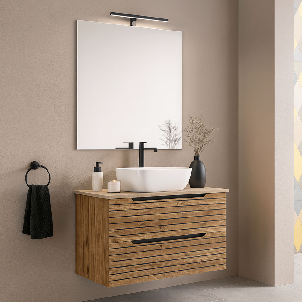 Kibath Mueble de baño con Lavabo, Espejo y Aplique LED KEN 80x45 cm acabado Desierto mate 2 cajones suspendido - Imagen 2