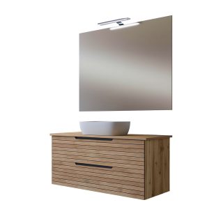 Kibath Mueble de baño con Lavabo, Espejo y Aplique LED KEN 100x45 cm acabado Desierto mate 2 cajones suspendido