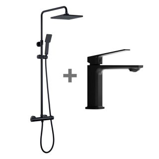 Kibath Pack termostático columna y grifo acabado negro mate fabricado en latón