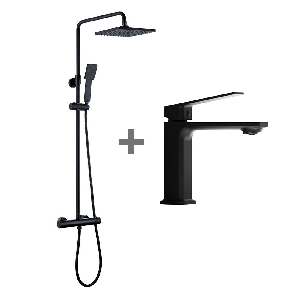 Kibath Pack termostático columna y grifo acabado negro mate fabricado en latón