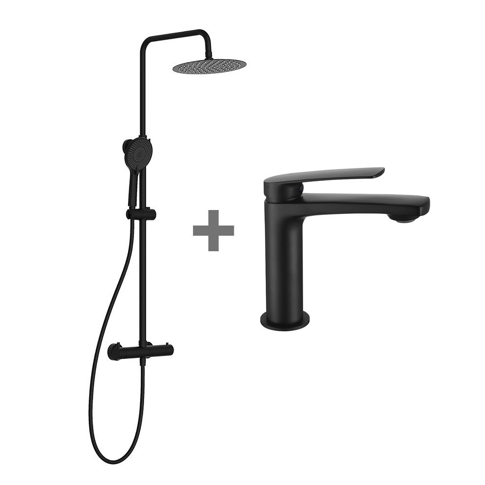 Kibath Pack monomando DAK columna y grifo acabado negro mate fabricado en latón