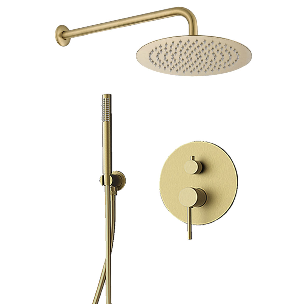 Kibath Grifo Empotrado de Ducha equipo de pared monomando redondo acabado ORO CEPILLADO ORO mate fabricado en latón